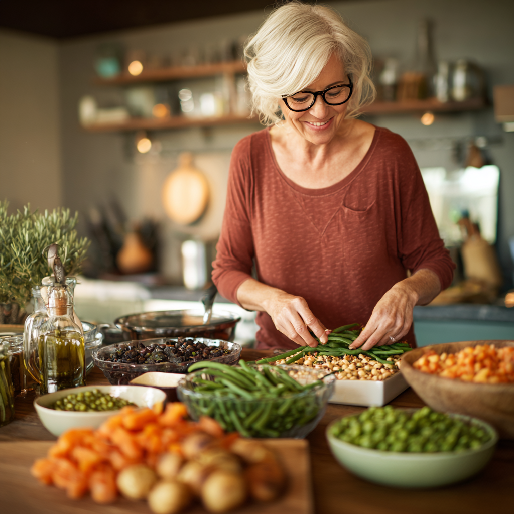 Mature woman preparing diverse healthy meals including Mediterranean and vegetarian options