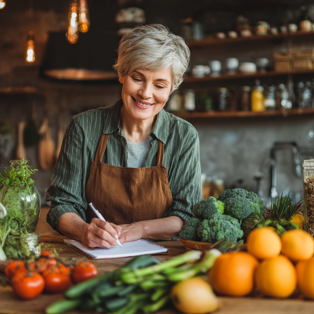 Middle-aged nutritionist preparing healthy meal plans with fresh vegetables and fruits